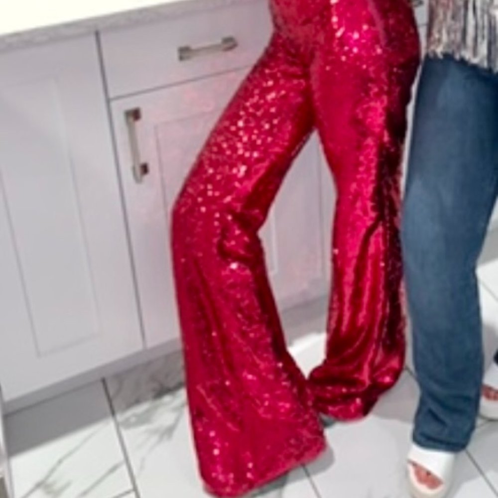 Sequin Hot Pink Flare Pants-  Perfect for Disco or Halloween themes